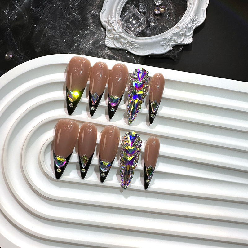 10Pcs3Cm Long Pointed Black Beveled French Style with Ab Half Diamond Export European and American Pure Handmade Push-Type Fake Nails