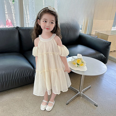 2023 Summer New Stylish Western-Style Girls' Off-Shoulder Dress — Popular Online, Trendy & Perfect for Princess-Like Summers