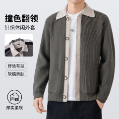 登捷撞色开衫外套男士毛衣冬季新款休闲高档轻商务慵懒风针织衫