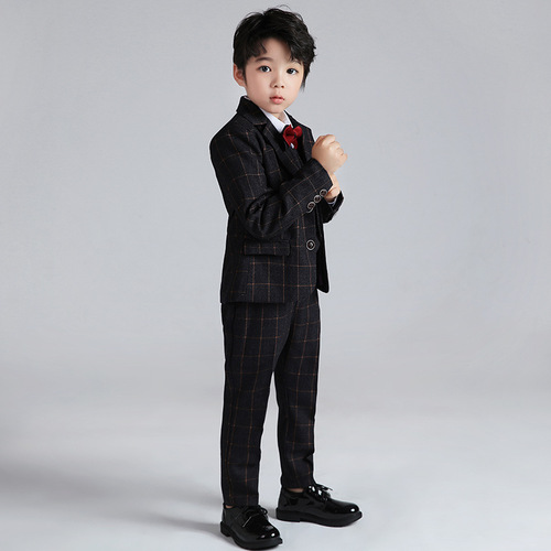 Spring and Autumn New Children's Suit One Piece Fashion Boy's Plaid Small Suit Baby Hosting Piano Performance Dress