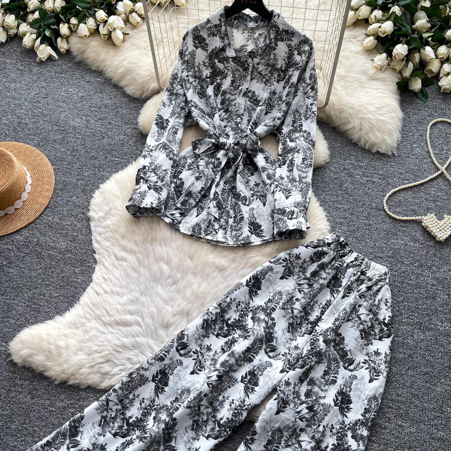 Women's Sophisticated Elegant Two Piece Set Autumn Tie up V Neck Top High Waisted Wide Leg Pants Slimming Stylish Look_ecoleips.com
