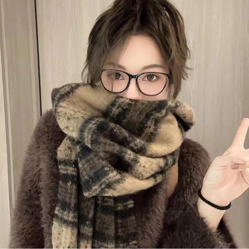2025新款格子围巾女秋冬季高级感保暖千鸟格美拉德韩系干枯玫瑰粉|undefined