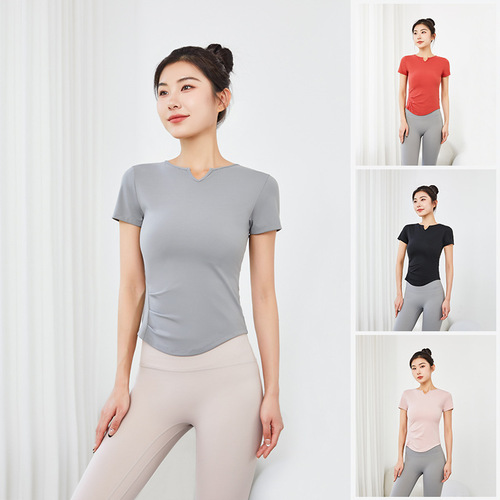 Women's Summer Yoga Clothes Slimming and Body Shaping Short Sleeve Wrinkled Waist-Close T-Shirt Running and Fitness Top