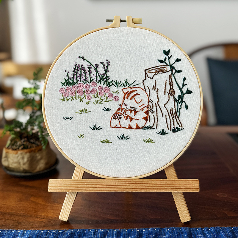 Lu bordado dibujos animados gatito animal pintura colgante bordado a mano paquete de material de bricolaje flores y césped decoración de tela pintura pequeña