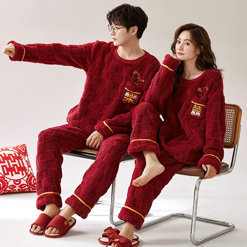 Pijamas de pareja roja engrosada coral polar Otoño e Invierno de las mujeres año de nacimiento boda festivo hombres de franela homewear