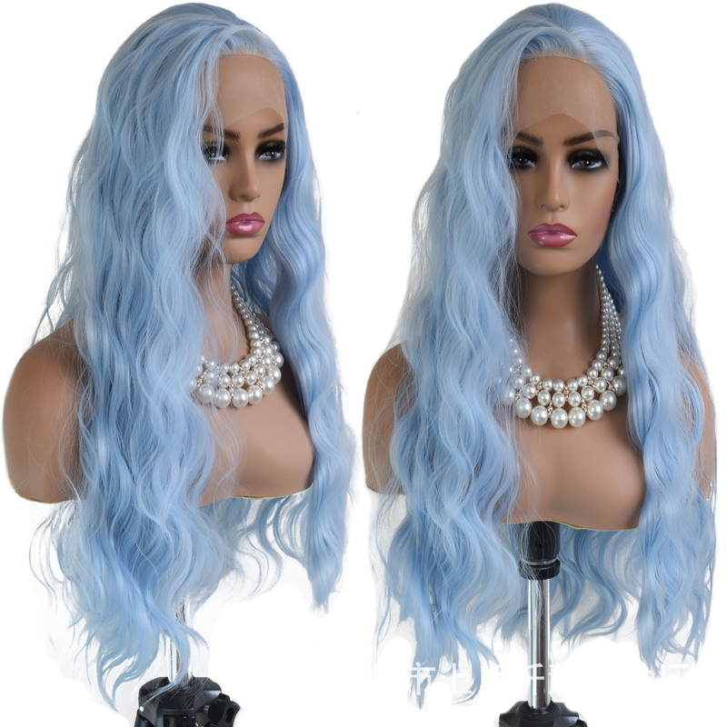 Wig Lace Front Ladies Long Curly Hair Matte Chemical Fiber Wire Headgear Big Hand Hook Light Blue Big Wave Factory Wholesale Wig Lace Front Ladies Long Curly Hair Matte Chemical Fiber Wire Headgear Big Hand Hook Light Blue Big Wave Factory Wholesale