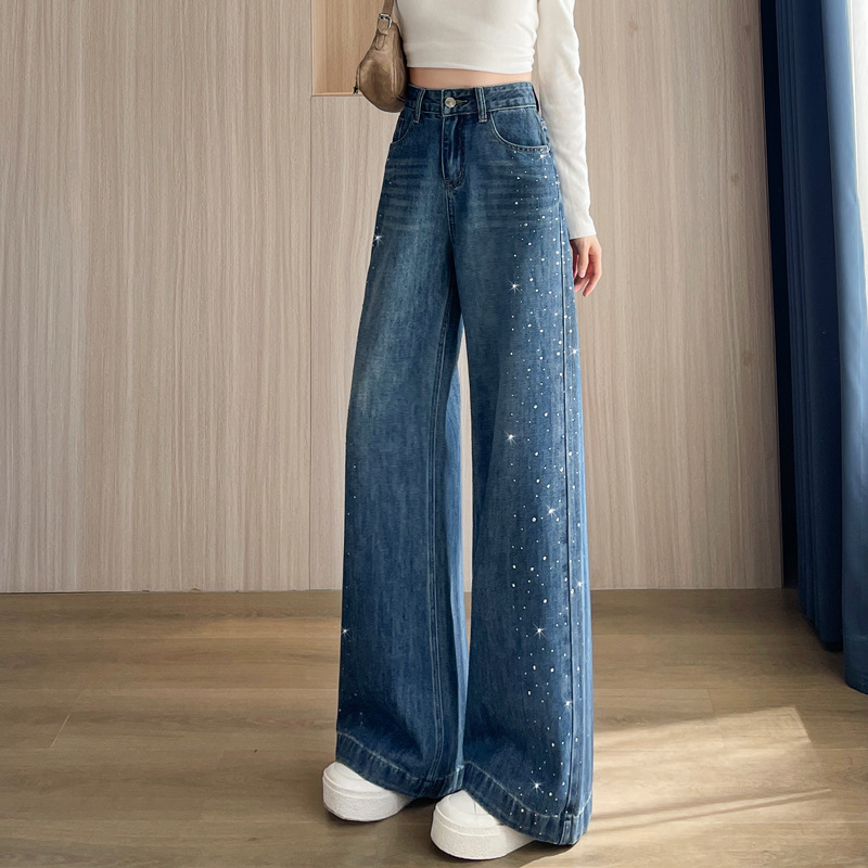 Super Stylish Retro Blue Rhinestone Wide-Leg Jeans for Women, Autumn and Winter High-Waisted Loose Fit Petite Narrow Straight Pants 7602