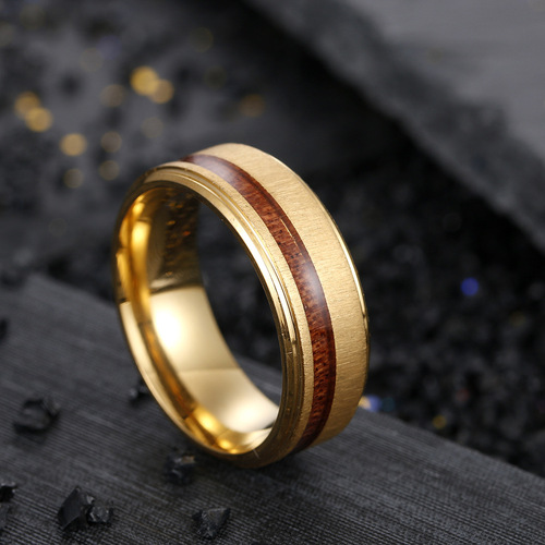 Cross-border Amazon New Jewelry European and American Men's Titanium Steel Ring 8MM Brushed Matte Wood Grain Inlay Band