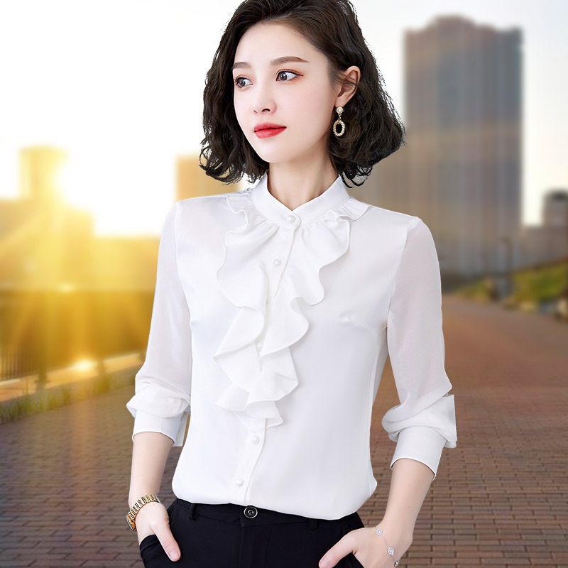2025 Spring and Autumn Stand Collar Lace Long Sleeve Shirt for Women, Stretch Slim Fit, Flounce Ruffle Blouse, Korean Style