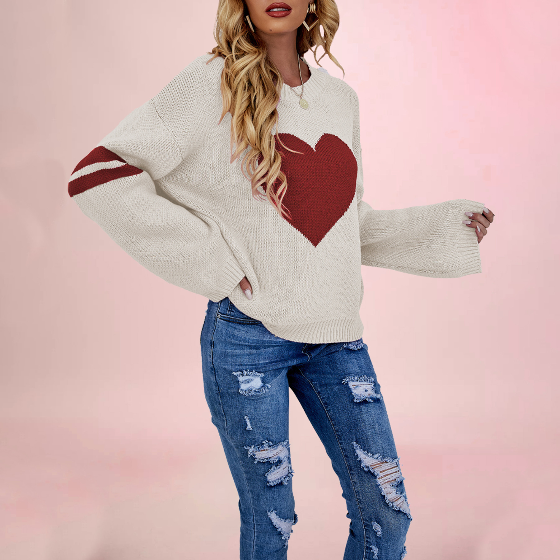 Suéter holgado de cuello redondo para mujer, diseño de corazón, estilo europeo y americano, novedad de invierno 2026, para el Día de San Valentín, disponible en Amazon.
