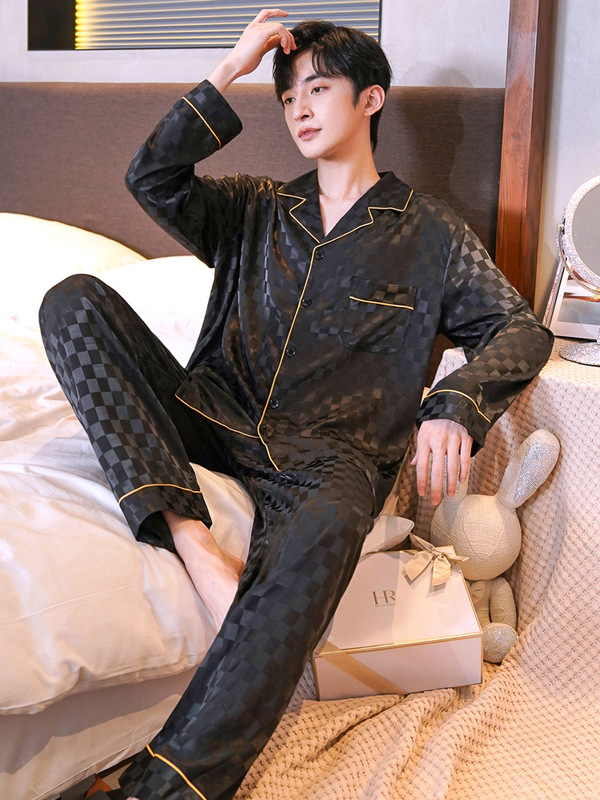 New Men's Pajamas Spring and Autumn Thin Ice Silk Long Sleeve Loose Large Size Cardigan Youth Home Clothes Two-piece Set