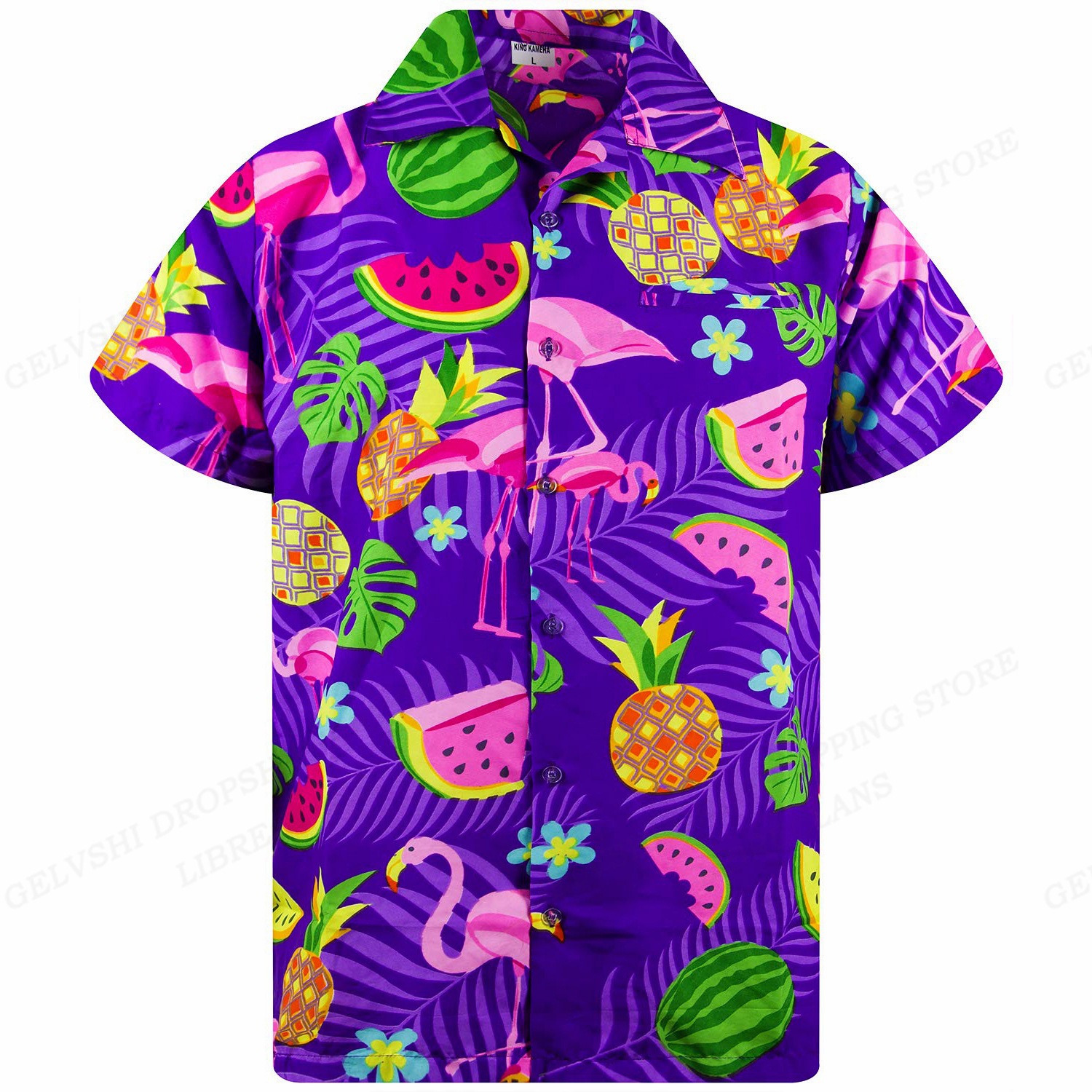 Moda y diversión grulla de corona roja color de contraste fruta estampado 3D hombre verano playa vacaciones suelta camisa hawaiana