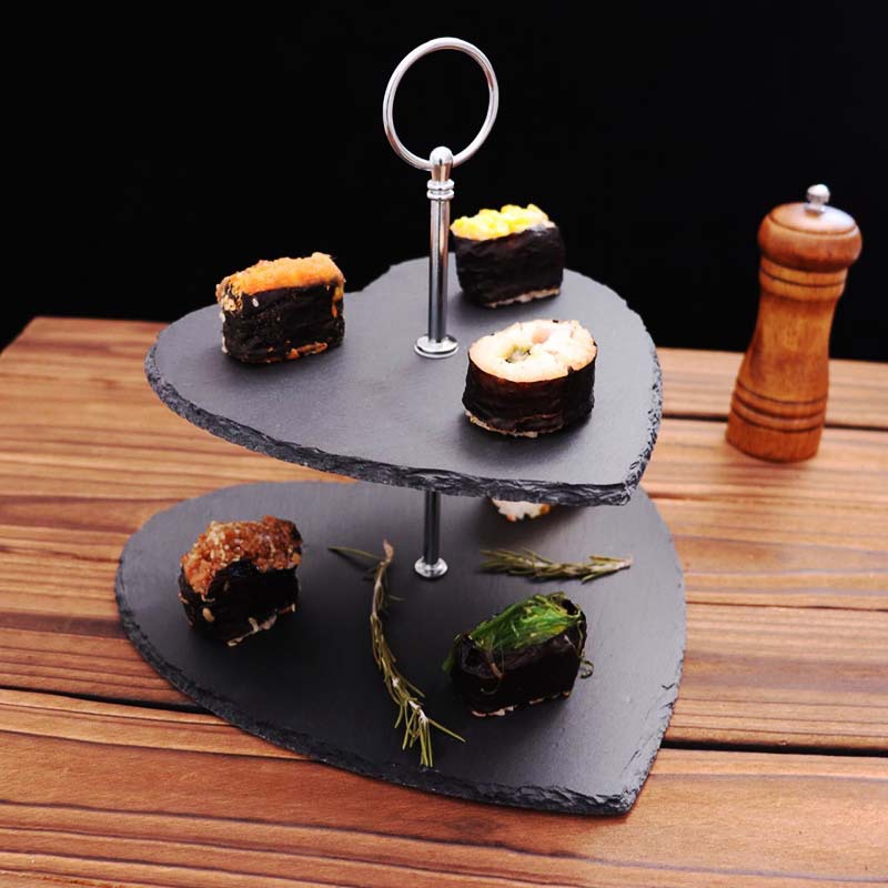 Estilo japonés y coreano Luz de lujo doble capa negro pizarra pastel soporte tarde té pastel placa occidental postre Placa de fruta Placa de oscilación