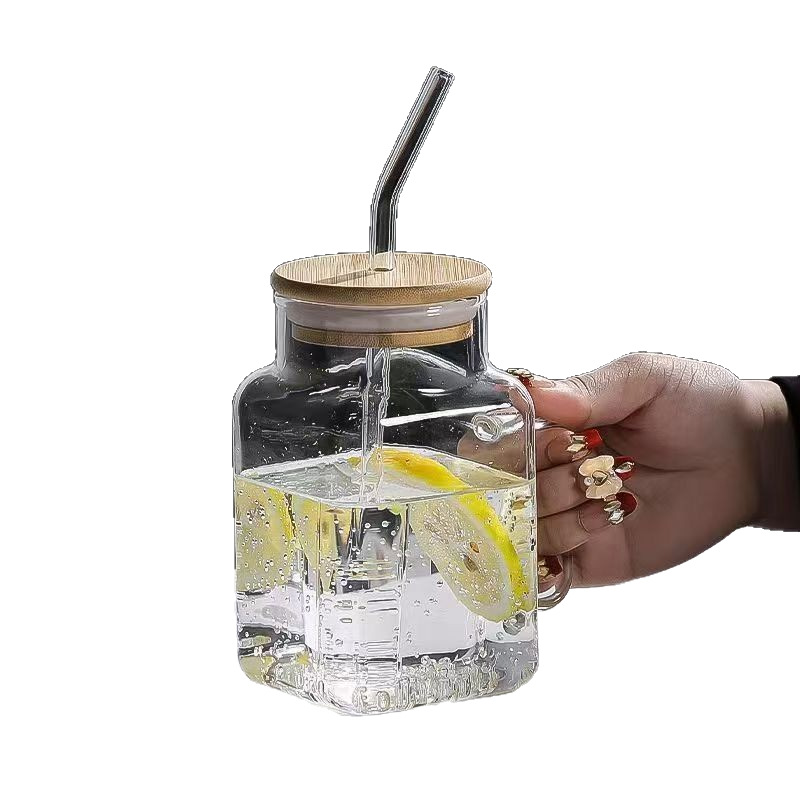 Vaso cuadrado de vidrio con asa, taza de borosilicato de alta resistencia, taza de oficina de gran capacidad con tapa.