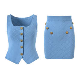 法式小香风气质女神范套装修身无袖背心+半身裙金扣针织两件套