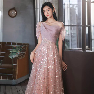 Sequin Evening Dress 2025 Spring New Celebrity Engagement Pink Elegant Dress Female Bridesmaid Host Art Exam Dress
