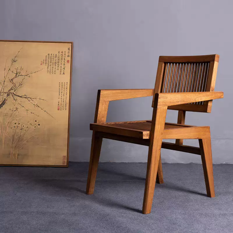 侘寂风老榆木餐椅中古民宿昌迪加尔靠背椅商用实木咖啡椅扶手椅