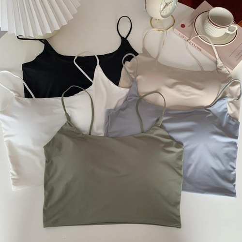 Summer latex ice silk small sling beautiful back women's short style inner and outer wear bottoming short fixed cup vest with chest pad