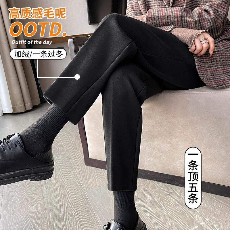 秋冬季毛呢新款加厚九分直筒休闲西装裤小个子烟管裤高腰显瘦加绒