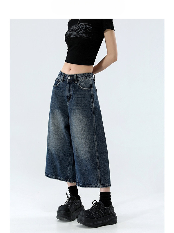 American Retro Washed Vintage-Style Cropped Wide-Leg Denim Shorts for Women, New Summer Style, Eight-Point Straight-Leg Pants American Retro Washed Vintage-Style Cropped Wide-Leg Denim Shorts for Women, New Summer Style, Eight-Point Straight-Leg Pants