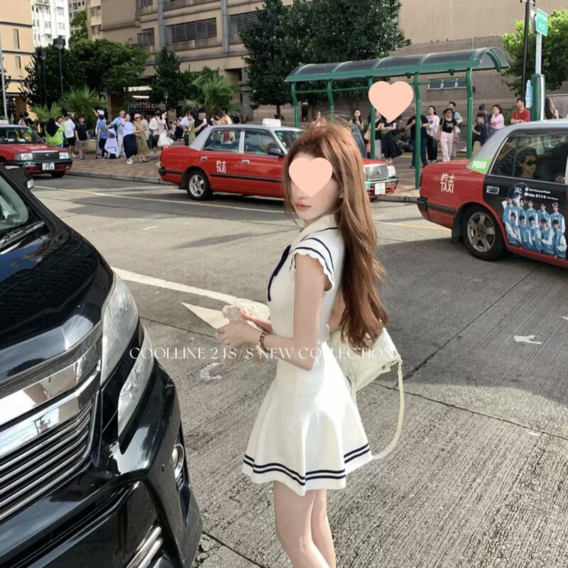 Korean-style summer college navy-style dress with small flutter sleeves, soft and cozy knit, with ties, for women, available in white, black, and navy blue Korean-style summer college navy-style dress with small flutter sleeves, soft and cozy knit, with ties, for women, available in white, black, and navy blue