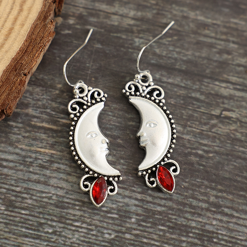 Human Face, Moon Pattern Women'S Gender Inlay Design Retro Human Face Moon Alloy Inlay Obsidian Women's Drop Earrings