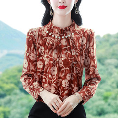 2025年秋装新款缎面立领钉珠印花长袖雪纺衬衫女春秋洋气衬衣