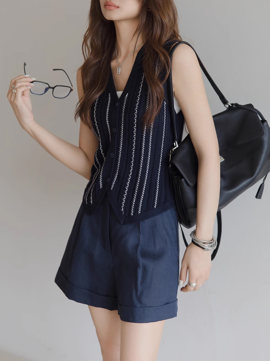 Áo gile dệt kim sọc xanh cổ chữ V phong cách vintage mặc ngoài mùa hè — Màu xanh lam