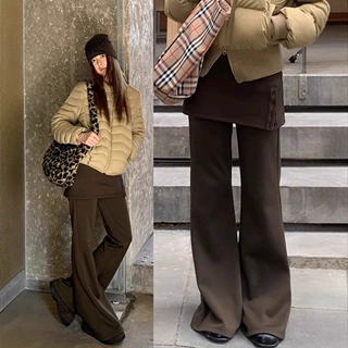 韩系屁帘裤女遮胯显瘦微喇裤2025冬季新款加绒裤子女冬假两件裤子