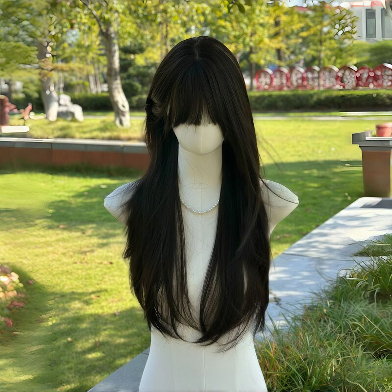 [Pure Love Dimension] Wig for Women with Air Bangs, Layered Medium-Length Straight Hair, Black Full Wig
