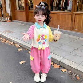 女童套装2026春秋洋气卡通兔子POLO领撞色长袖卫衣休闲束脚裤童装