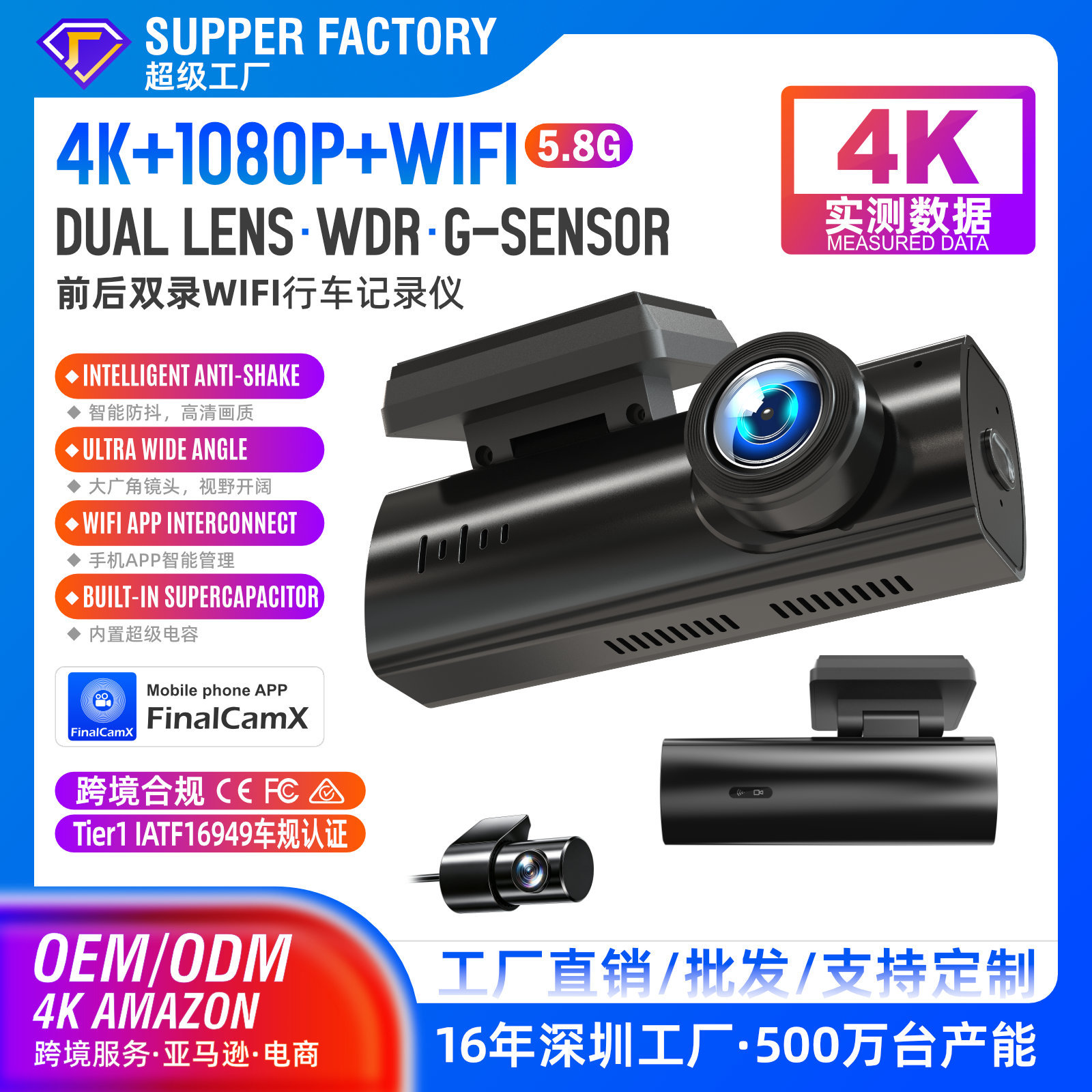 Cross-border new model, screenless 4K HD dashcam with dual recording, Wi-Fi, GPS, and night vision – available on Amazon