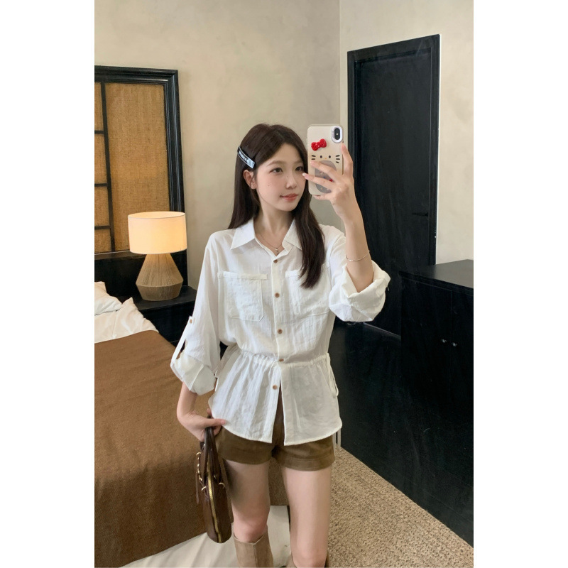 Discount European Plus-Size Korean-Style Polo Collar Casual Long-Sleeve Shirt with Drawstring Design, Two-Way Wear, Waist-Cinching Slimming Top