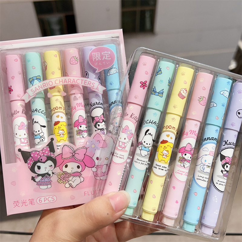 Cute Sanrio highlighter 6 Boxed High-looking color pen multi-function coolomi girl heart highlighter Cute Sanrio highlighter 6 Boxed High-looking color pen multi-function coolomi girl heart highlighter