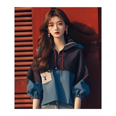 洋气独特别致设计感蓝色拼接连帽卫衣女秋季新款2025爆款时尚洋气
