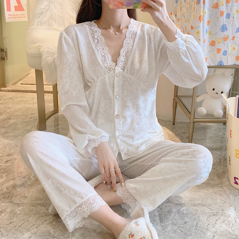 New Style Pajamas Women's Winter Diamond Velvet Long-sleeved Home Clothes Two-piece Lace Sexy Solid Color Sweet Pajamas Women's Autumn