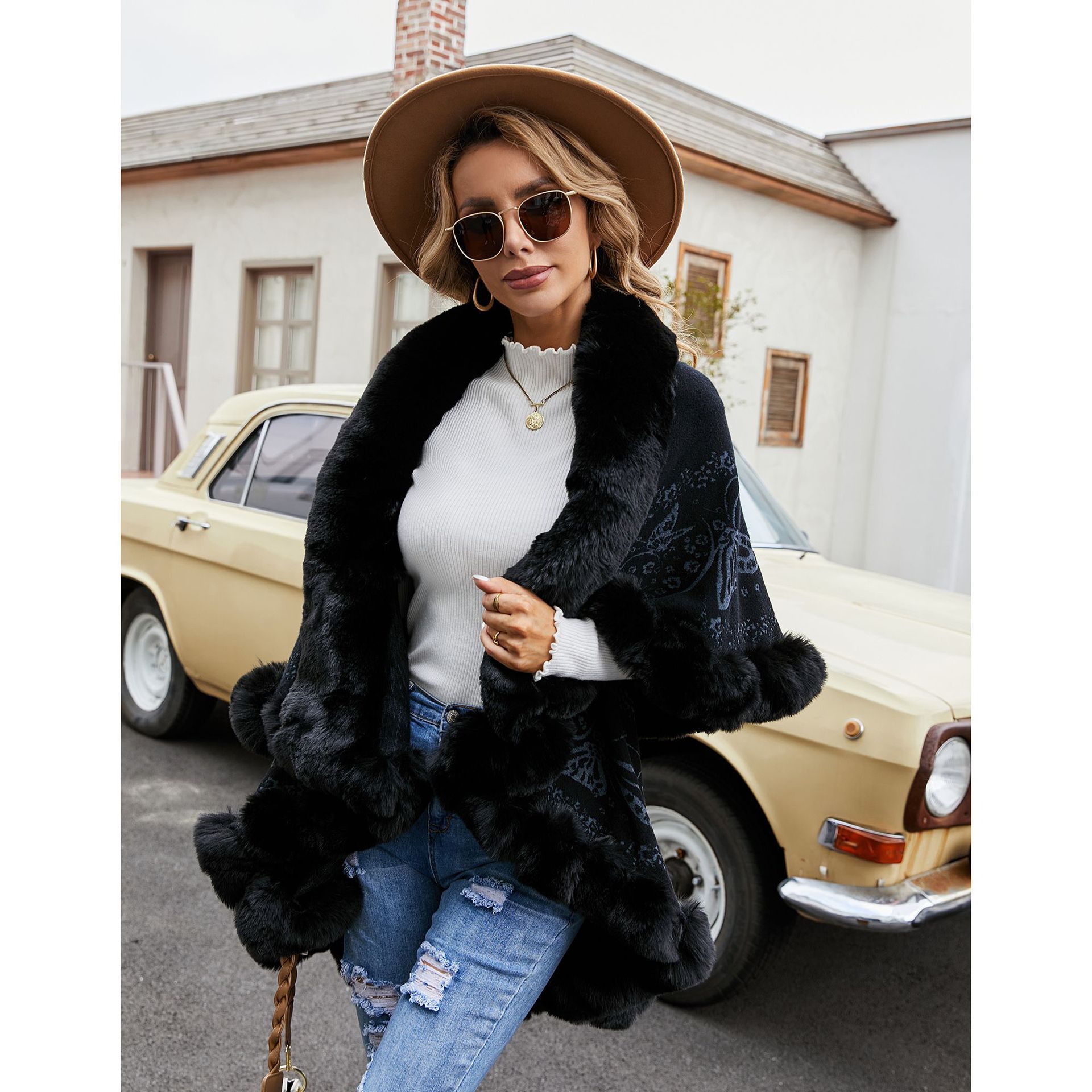 Tiktok transmisión en vivo Otoño e Invierno Nueva suelta Faux Fox Cuello de piel de doble capa chal capa simple moda casual moda