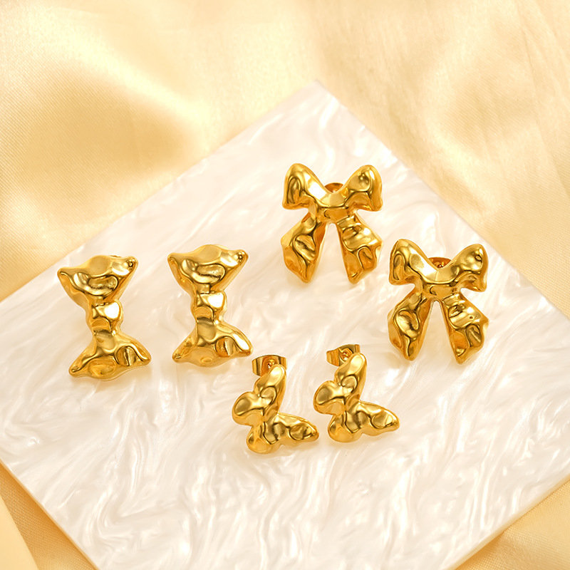 Titanium Steel Bow Earrings Gold Stainless Steel Butterfly Studs_voghion.com