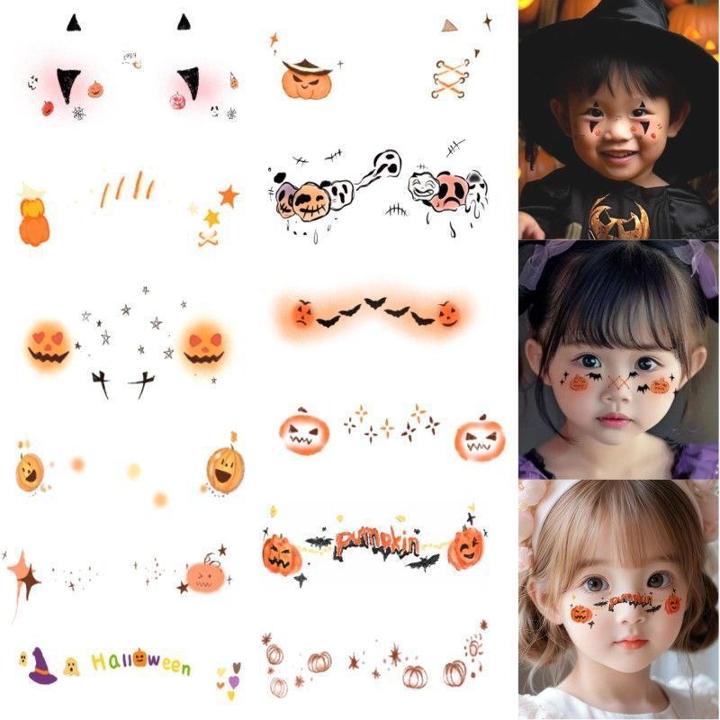 ハロウィーンの小さなクモのメイクのタトゥーはカボチャの愛の頬紅のメイクの顔に顔を飾って傷のフラッシュを貼った|undefined