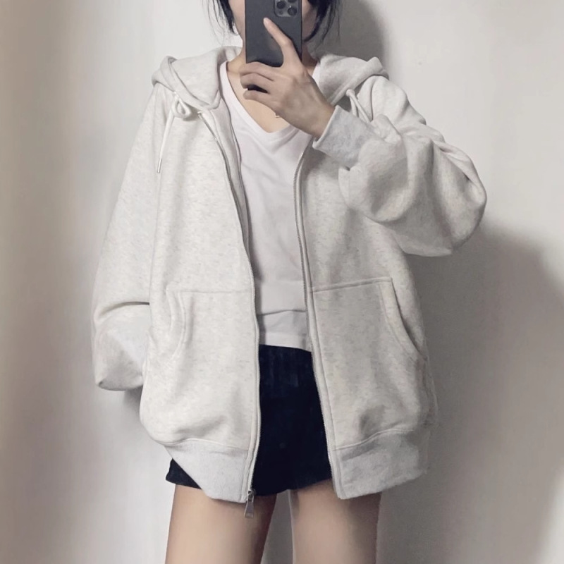 美式复古高街连帽卫衣女春秋oversize薄款外套chic慵懒开衫上衣|undefined