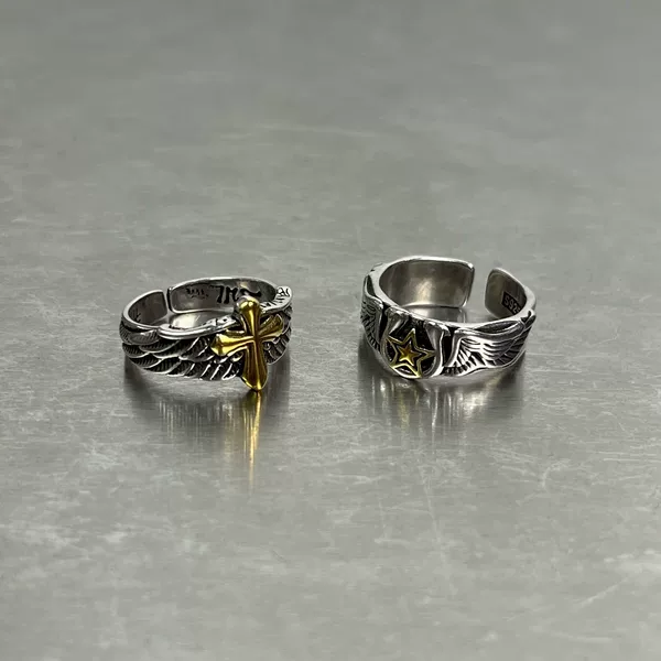 Two-piece retro ring set for men, trendy and hip-hop style, single ring with cross and star design, suitable for the index finger