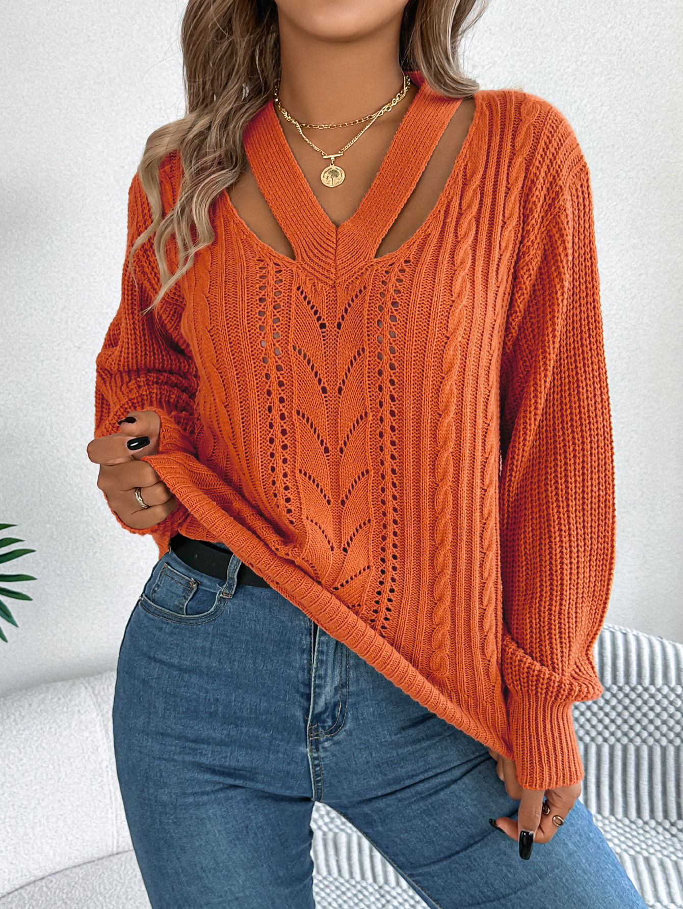 Women's V Neck Pullover Sweater Knitted Lantern Sleeve Top_voghion.com
