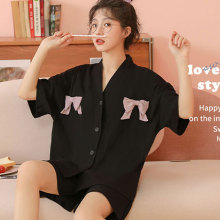 经典和服睡衣女短袖日系女士套装神秘黑宽松加大码家居服夏季薄
