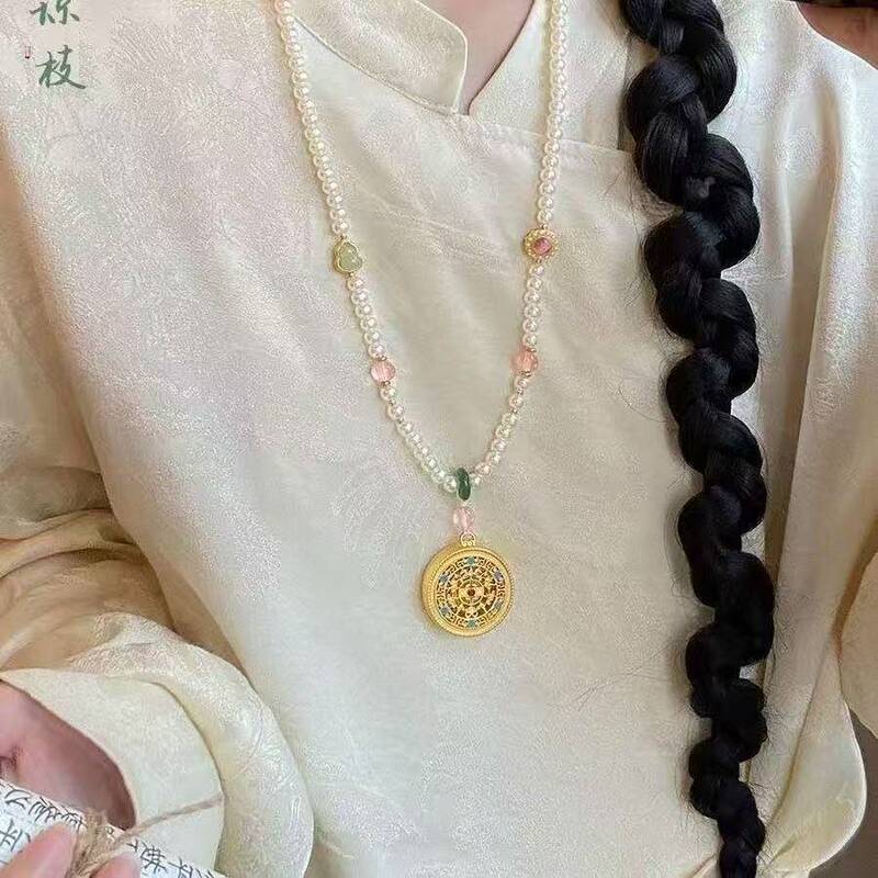 新中式古风串珠圆牌吊坠项链女适配汉服旗袍毛衣链国风复古配饰品|undefined