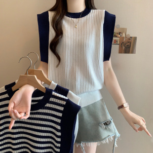 Real Shot of Plus-Size Color-Block Hollow Sleeveless Ice Silk Knit Vest for Women, Summer Style for Chubby Women, Elegant and Age-Reducing Slimming Tank Top