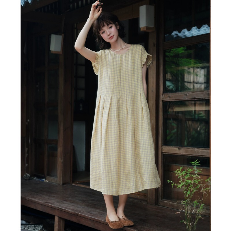 2026 Summer New Japanese-Style Relaxed Mid-Length Ruffled Round-Neck Yarn-Dyed Plaid Cotton-Linen Dress for Women