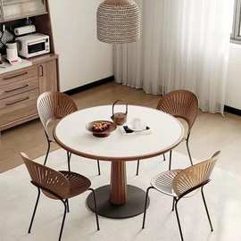 实木新中式岩板圆形餐桌小户型家用洽谈小圆桌简约纯白饭桌椅儿童