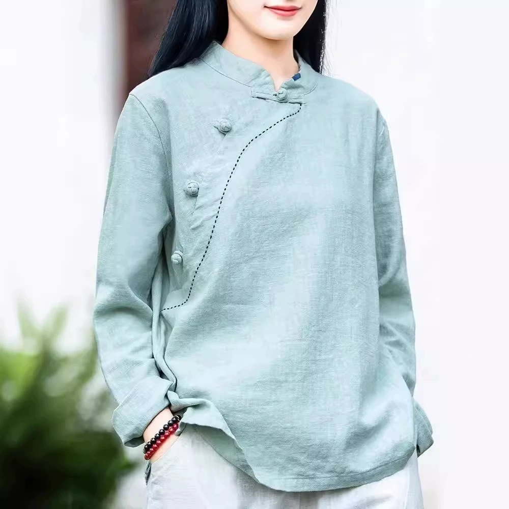 Хлопок и лен, ретро, ​​воротник-стойка, с длинными рукавами, женский весенне-осенний 2025, новый китайский чайный костюм, пуловер на пуговицах, топ, футболка с длинными рукавами