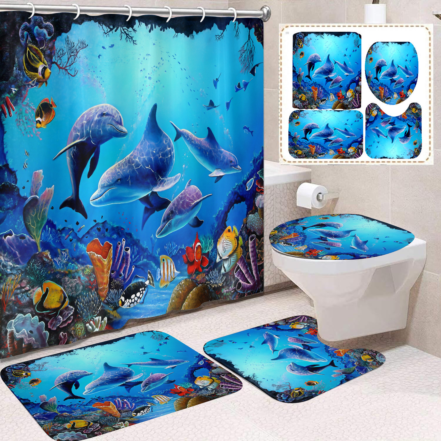Cortina de ducha transfronteriza con diseño de delfines azules, estampada digitalmente, de poliéster, sin perforaciones, para baño, decoración del hogar image 31