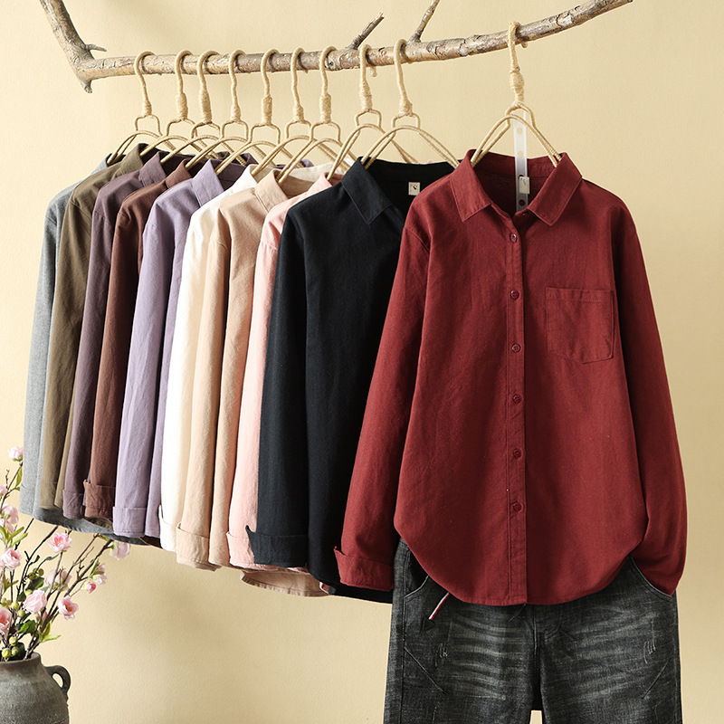 2023 simple style solid color lapel brushed cotton long-sleeved shirt women's autumn and winter New versatile thickened bottoming shirt